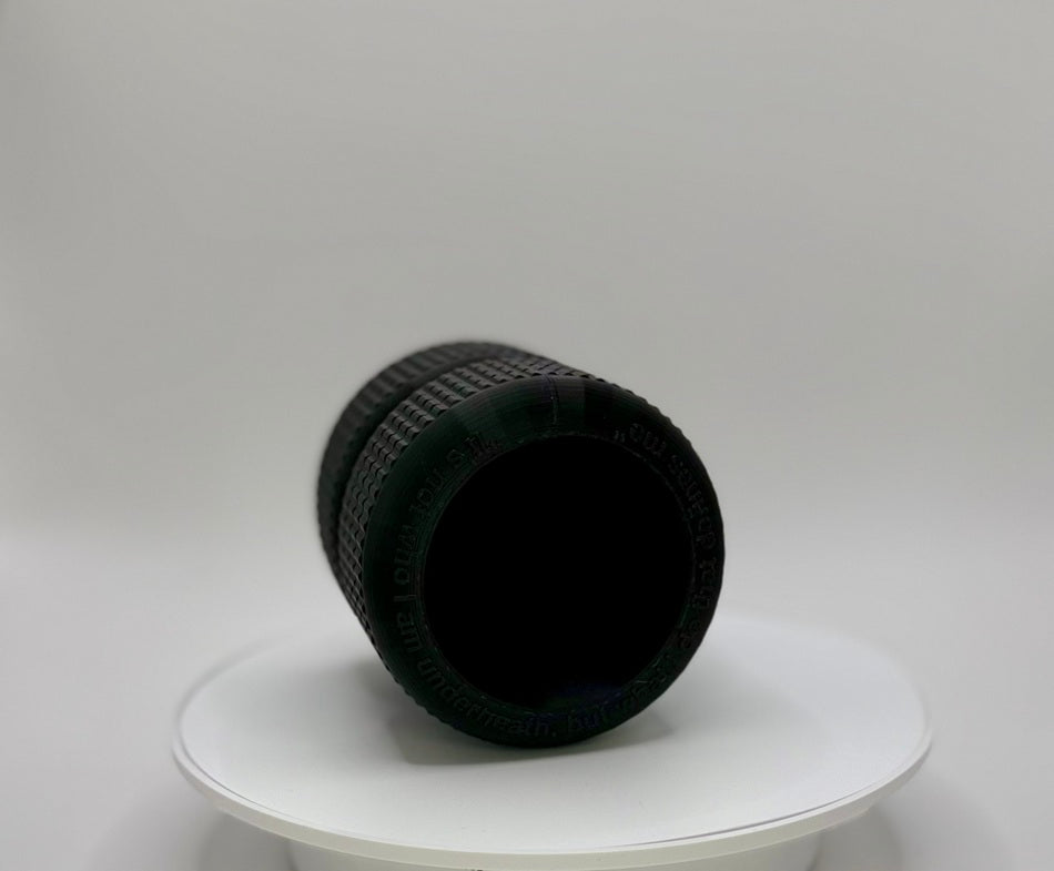 Dark Vigilante Cycle Tire Stack Pen Holder with Embossed Phrase | 3D Printed Tactical Desk Organizer | Industrial Office Decor |