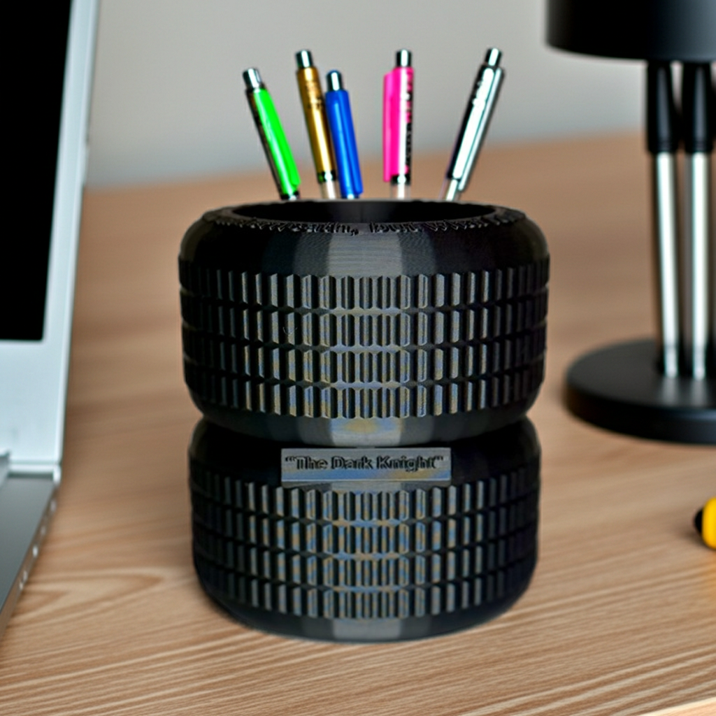 Dark Vigilante Cycle Tire Stack Pen Holder with Embossed Phrase | 3D Printed Tactical Desk Organizer | Industrial Office Decor |