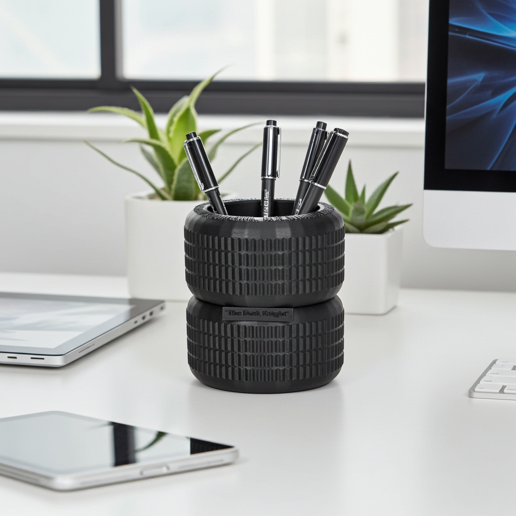 Dark Vigilante Cycle Tire Stack Pen Holder with Embossed Phrase | 3D Printed Tactical Desk Organizer | Industrial Office Decor |
