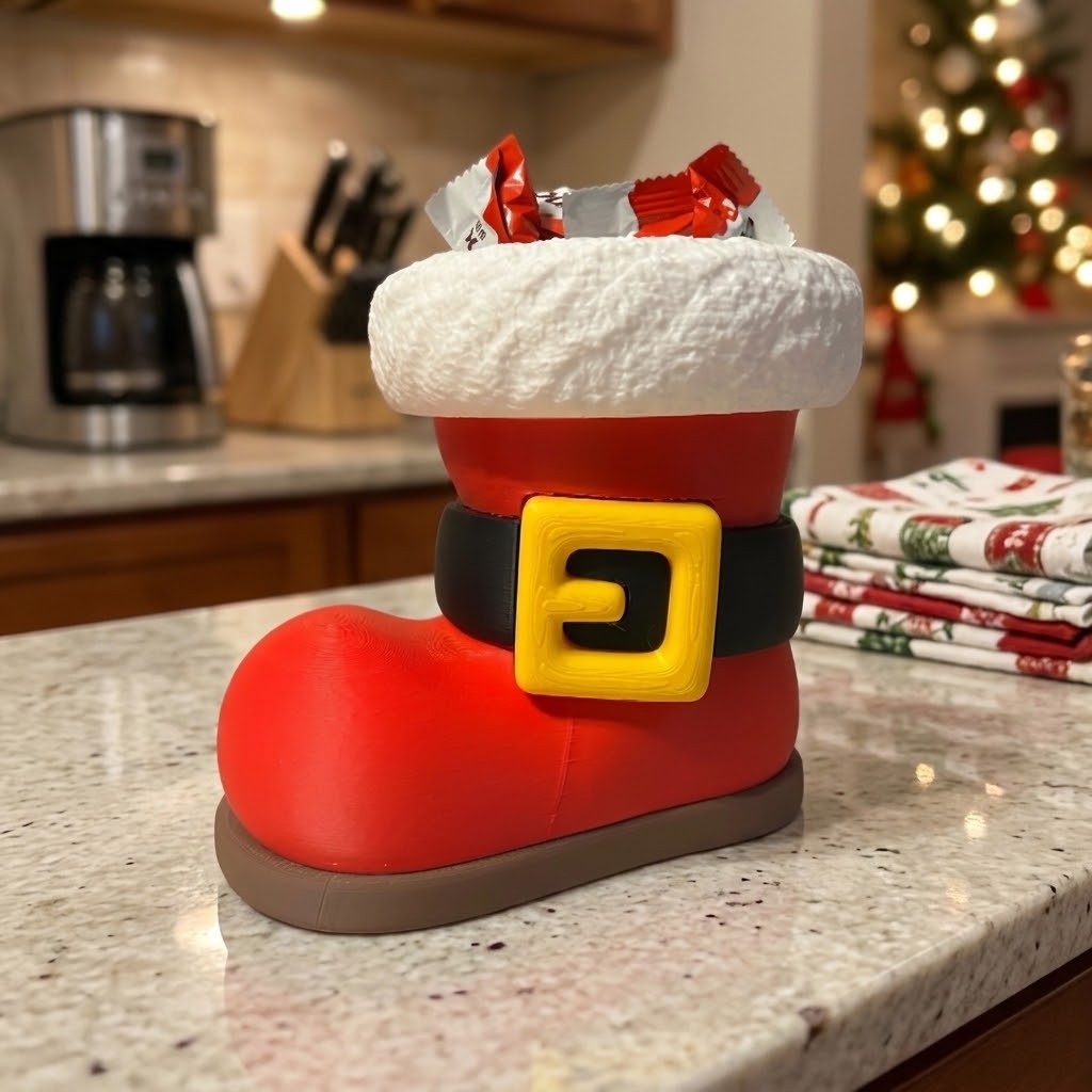 Santa Boot Candy Holder, Christmas Candy Dish, Santa Boot Decor, Holiday Candy Holder, Gold Buckle Santa Boot, 3D Printed Christmas Decor