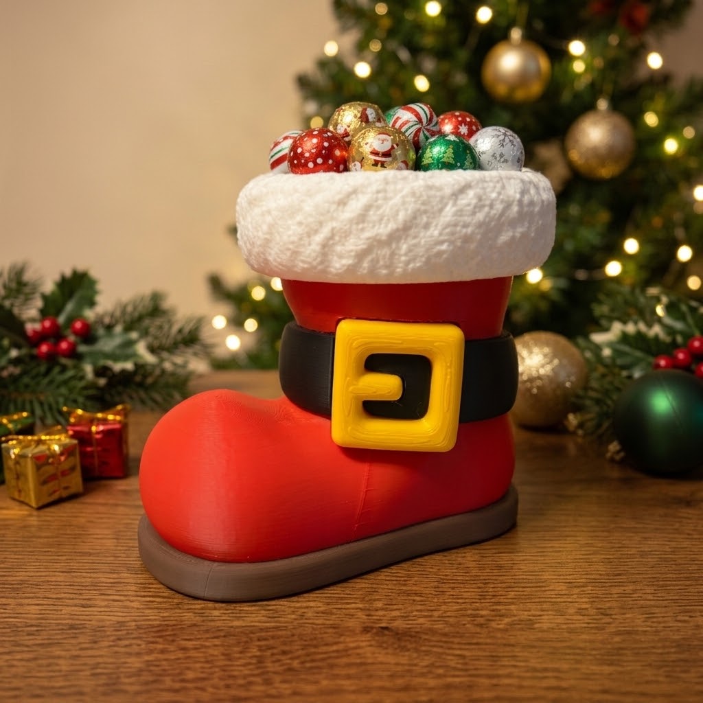 Santa Boot Candy Holder, Christmas Candy Dish, Santa Boot Decor, Holiday Candy Holder, Gold Buckle Santa Boot, 3D Printed Christmas Decor