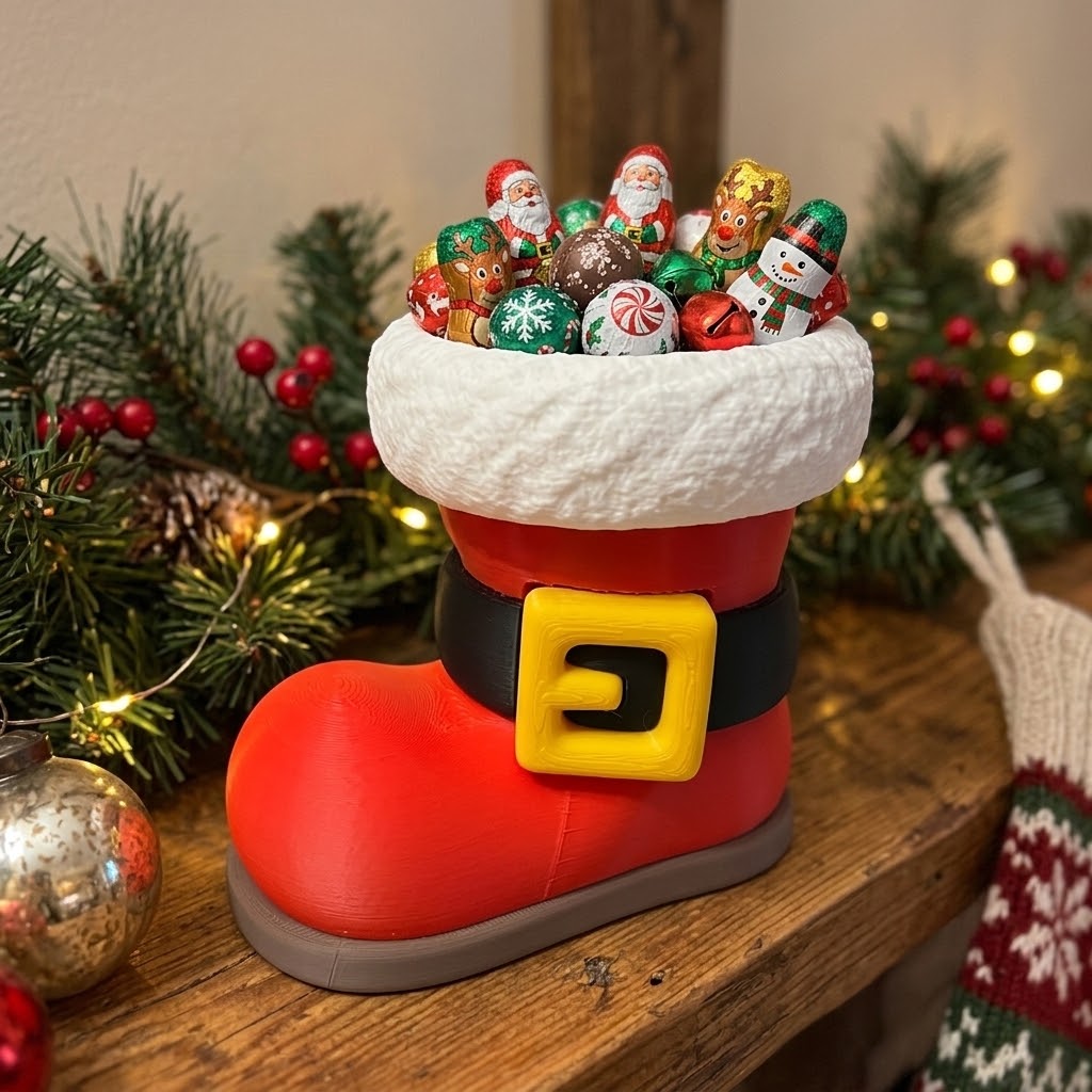 Santa Boot Candy Holder, Christmas Candy Dish, Santa Boot Decor, Holiday Candy Holder, Gold Buckle Santa Boot, 3D Printed Christmas Decor