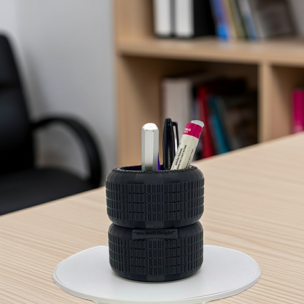Dark Vigilante Cycle Tire Stack Pen Holder with Embossed Phrase | 3D Printed Tactical Desk Organizer | Industrial Office Decor |